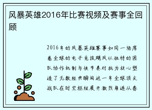 风暴英雄2016年比赛视频及赛事全回顾