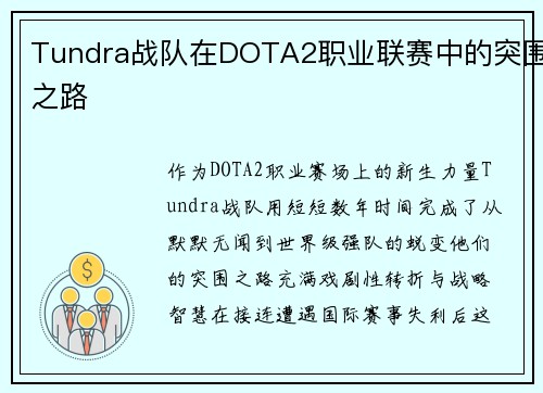 Tundra战队在DOTA2职业联赛中的突围之路